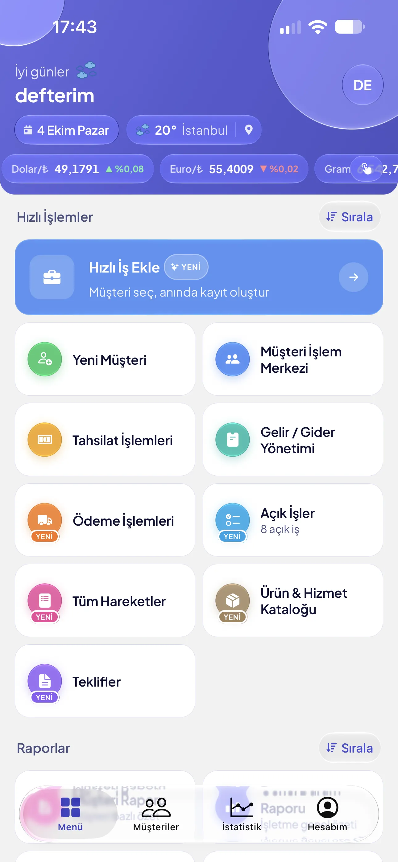 defterim Ana menü: kısayollar, hava durumu ve döviz kurları
