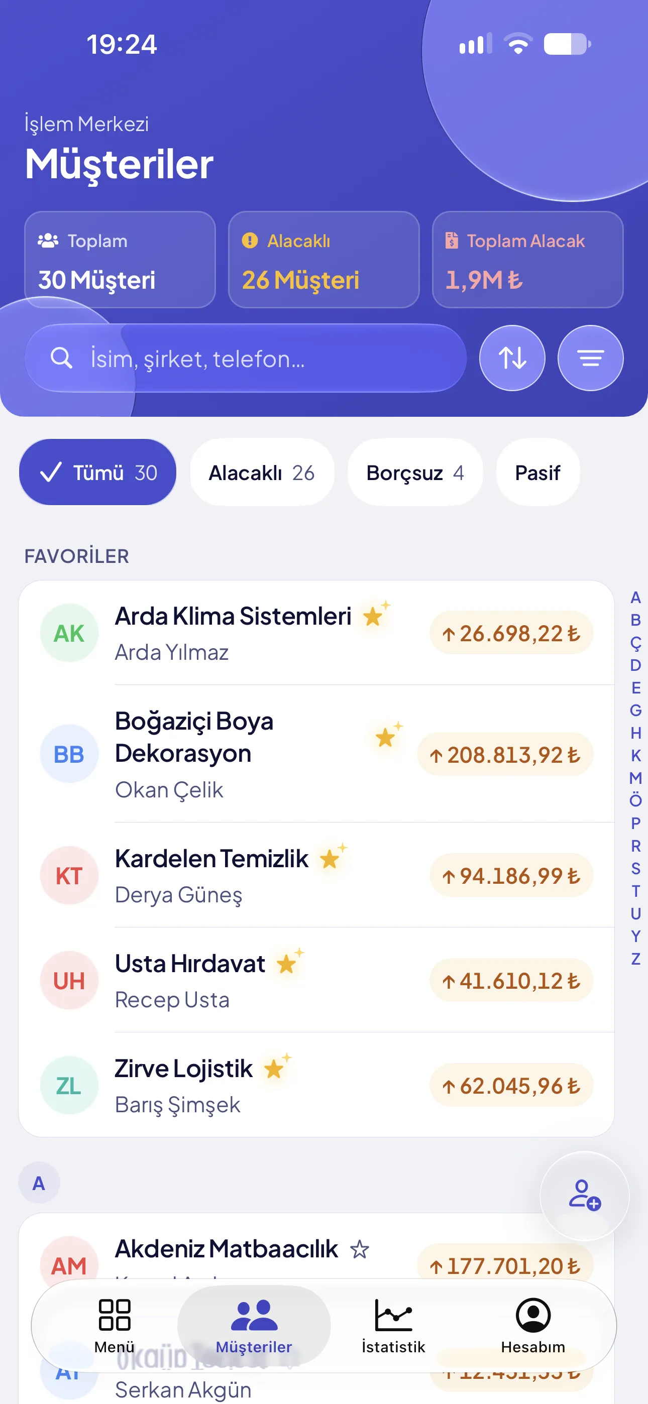 defterim Müşteriler ekranı: 30 müşteri, 1,9 milyon TL toplam alacak ve her favori müşterinin bakiyesi