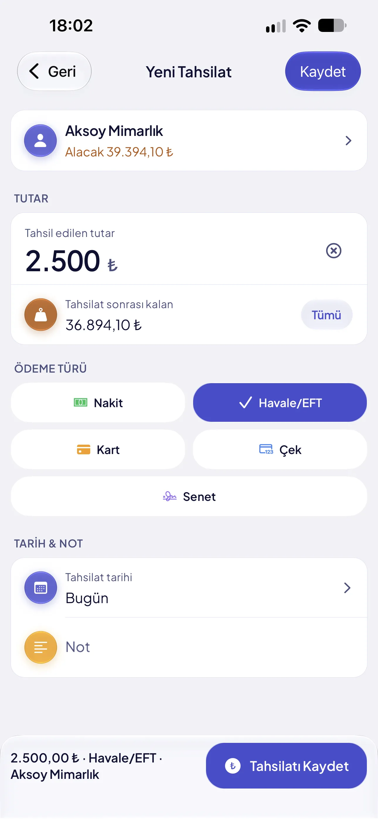 Yeni tahsilat ekranında tutar, ödeme türü ve kalan bakiye