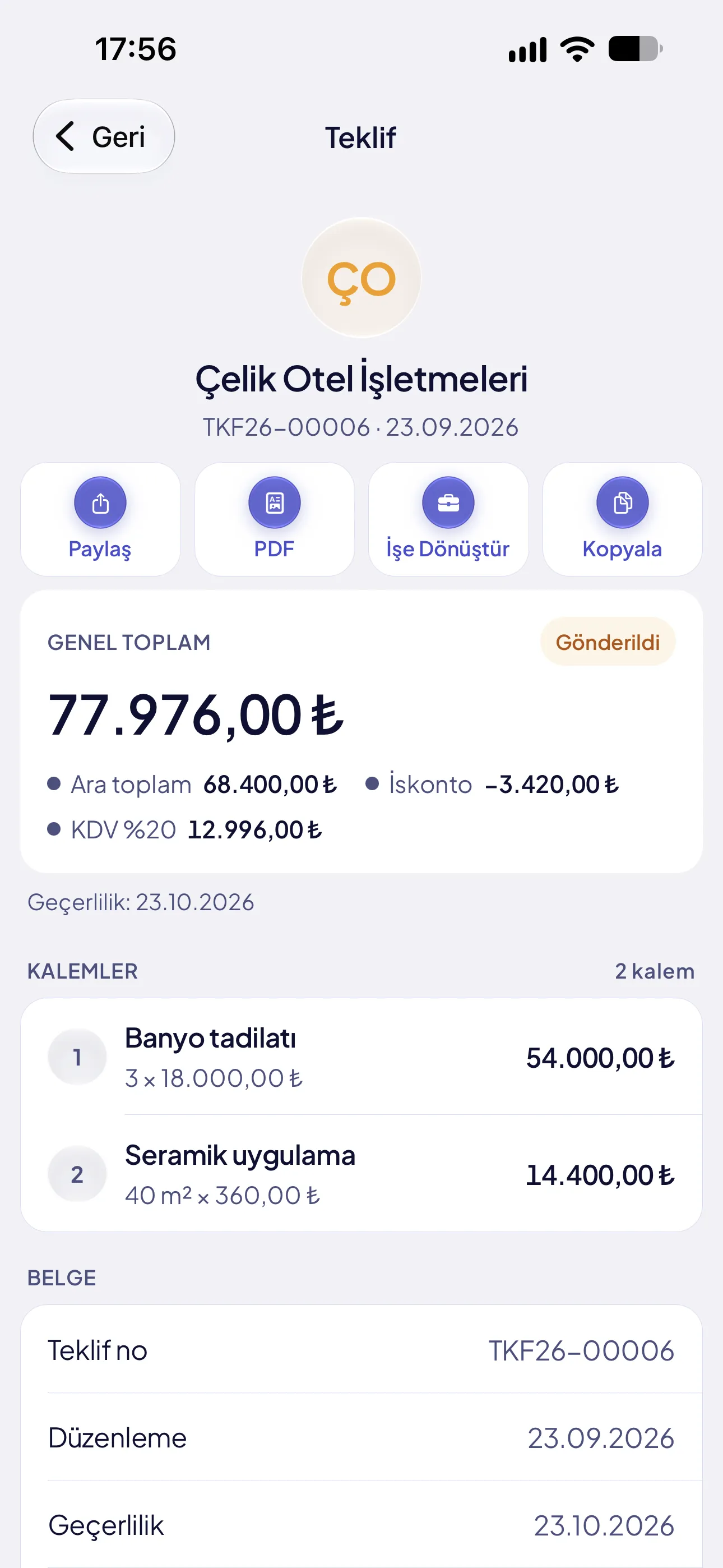 Teklif ekranında genel toplam, iskonto ve teklif kalemleri