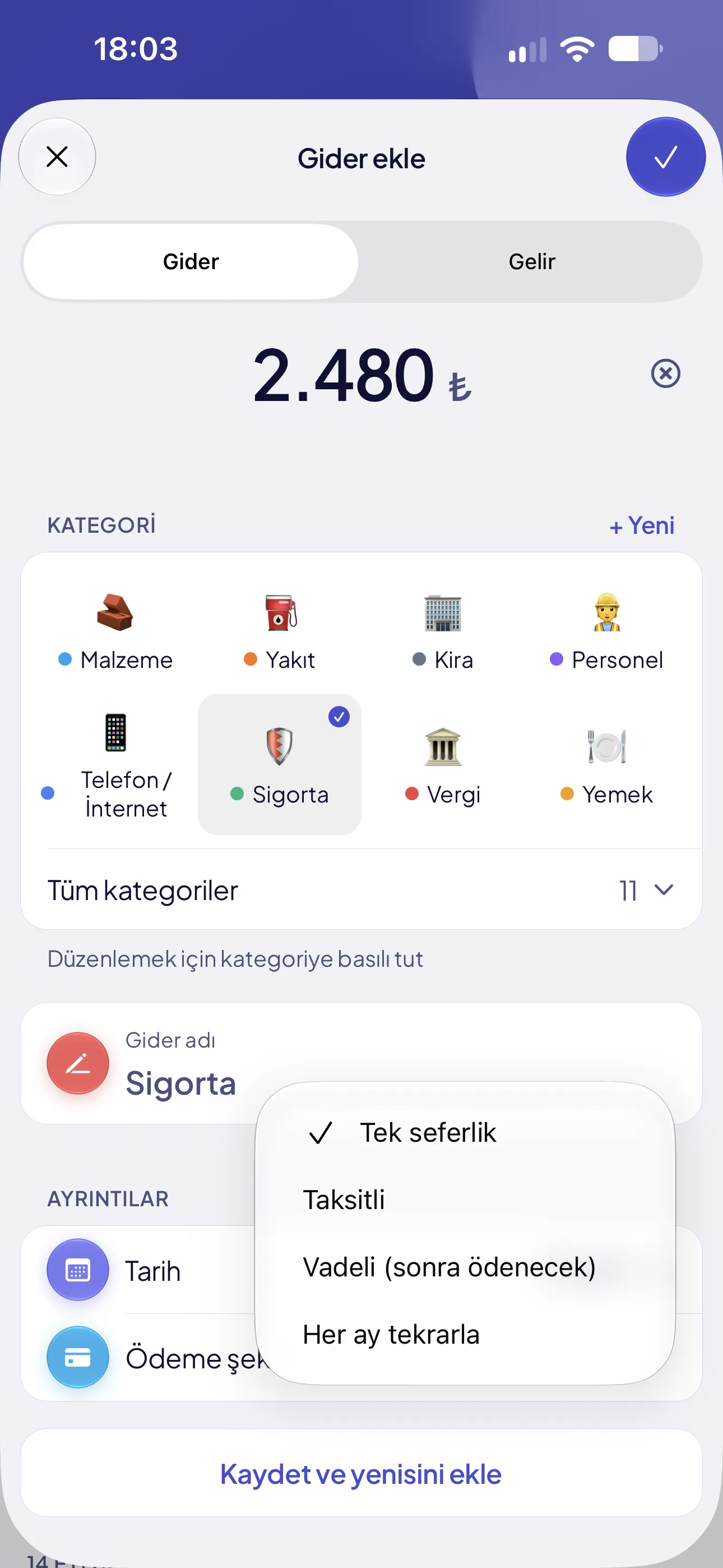 Gider ekle ekranında tutar ve gider kategorileri