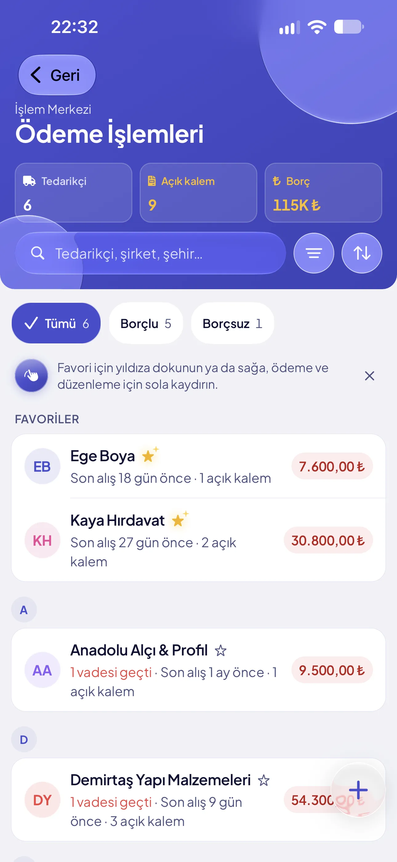 Ödeme İşlemleri ekranında tedarikçilere borçlar ve vadeler