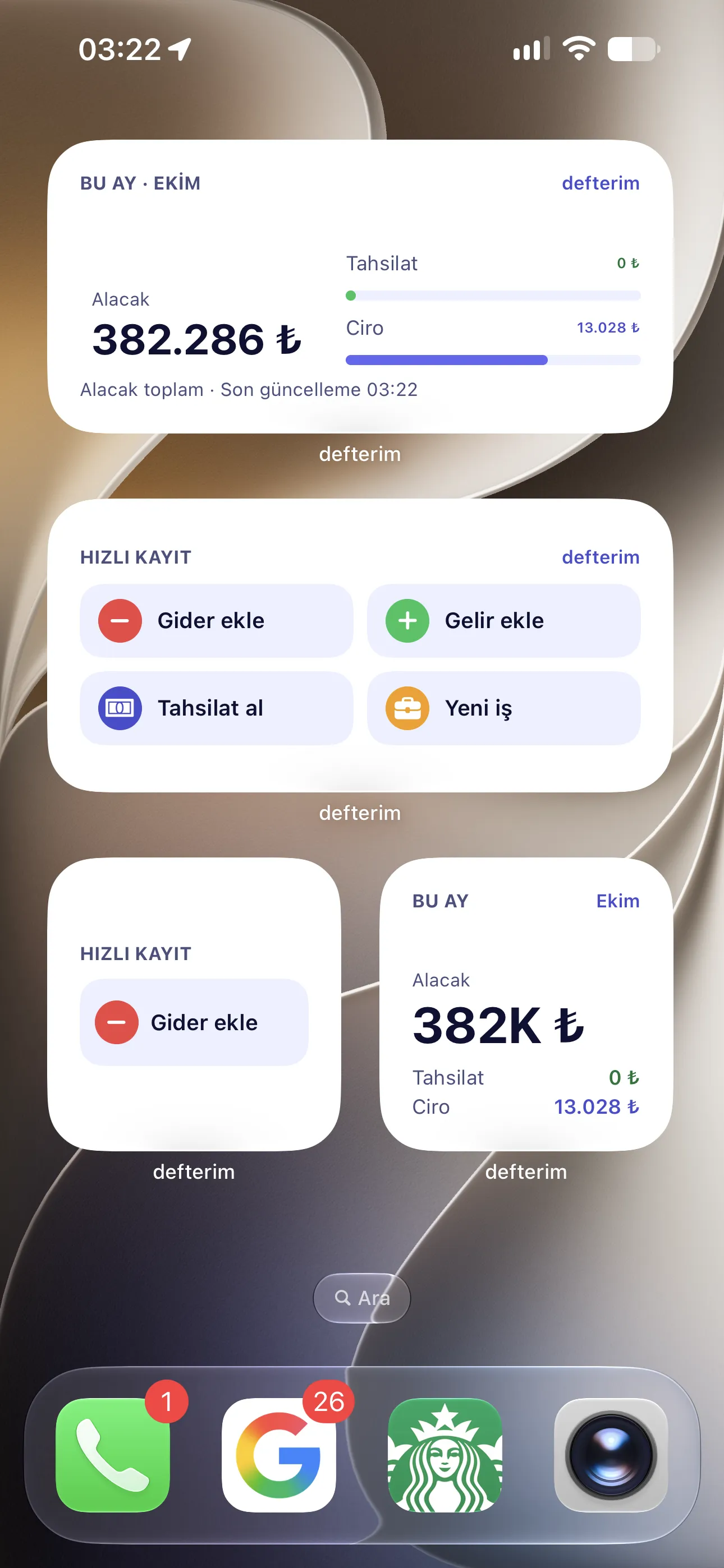 iPhone ana ekranında defterim widget’ları: Bu Ay (382.286 TL alacak) ve Hızlı Kayıt (Gider ekle, Gelir ekle, Tahsilat al, Yeni iş)
