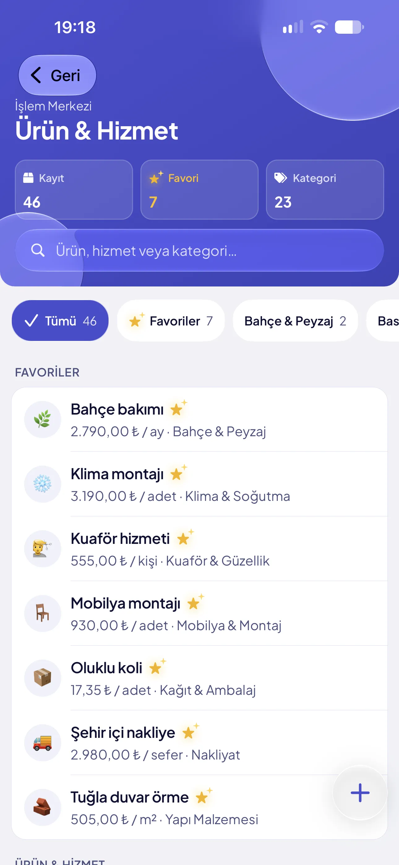 Ürün ve hizmet kataloğu: birim fiyatı ve kategorisiyle kayıtlı hizmetler