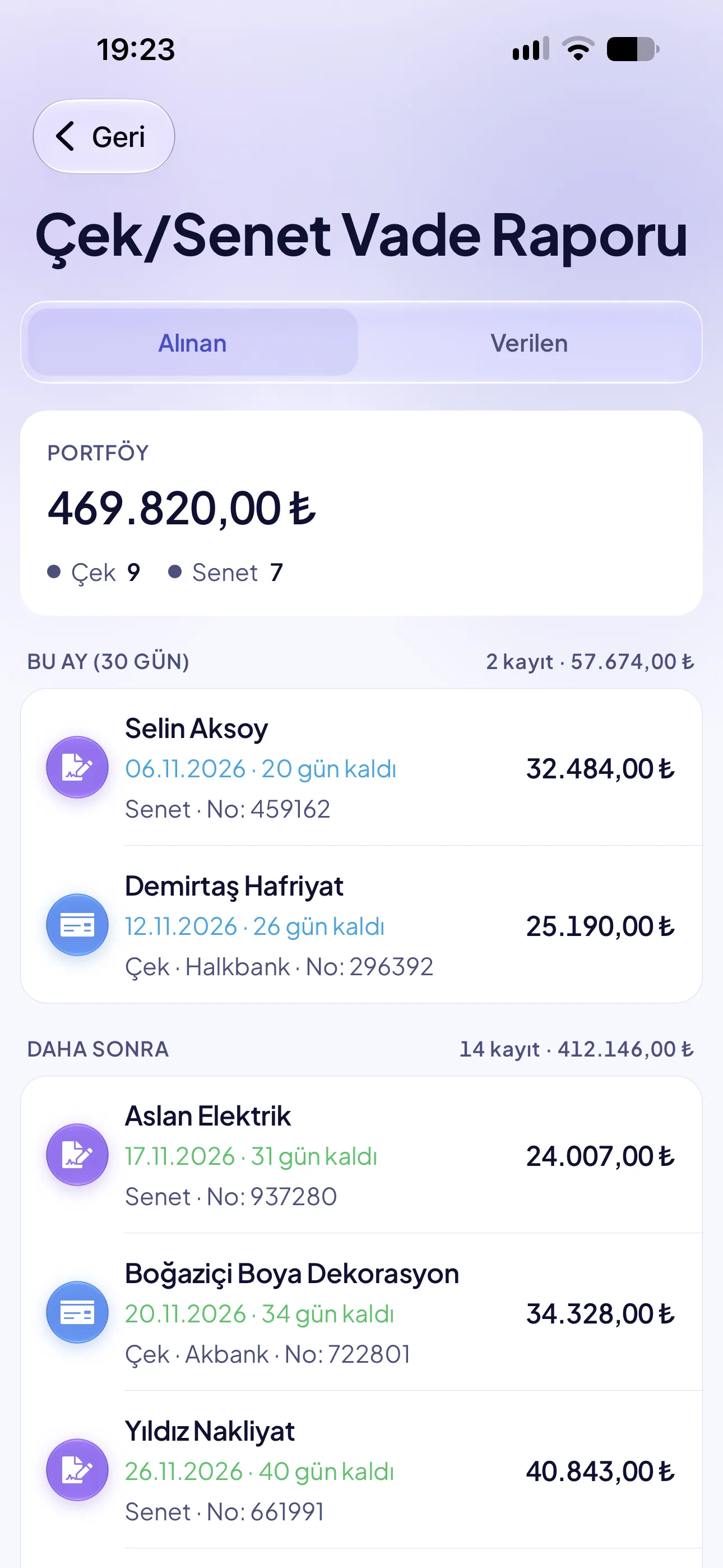 Çek/Senet Vade Raporu: portföy toplamı ve vadesi yaklaşan çek ve senetler