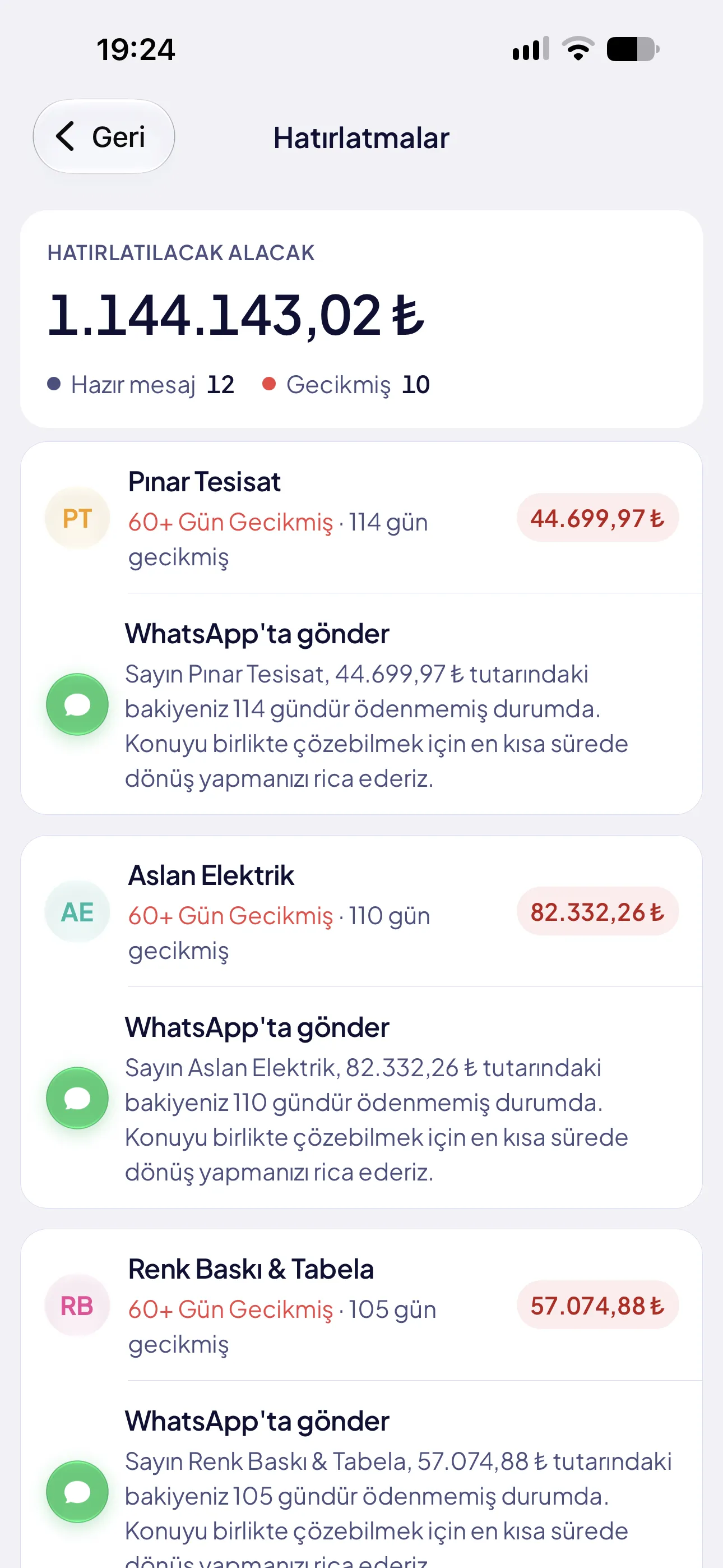 Hatırlatma: Pınar Tesisat, 114 gün gecikmiş 44.699,97 TL ve WhatsApp’a hazır mesaj