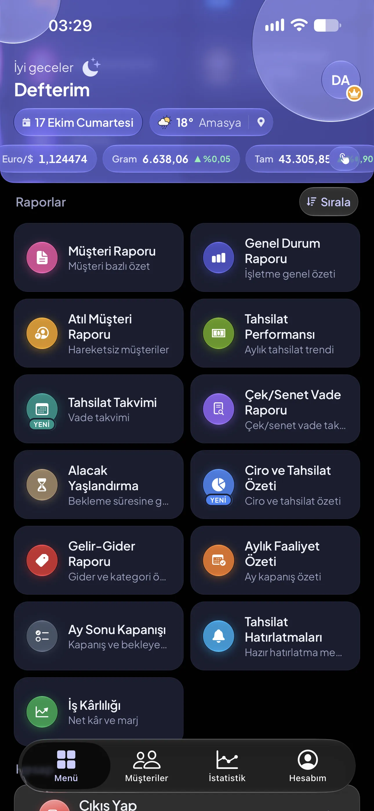 defterim Menüdeki raporlar: müşteri, genel durum, tahsilat, vade, yaşlandırma, kârlılık ve diğerleri